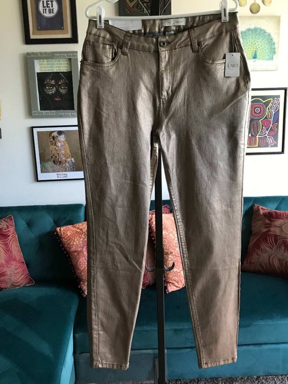 CATO size 14 Metallic Gold Shimmer Stretch Mid Rise 5 Pkt Skinny Jeans NWT